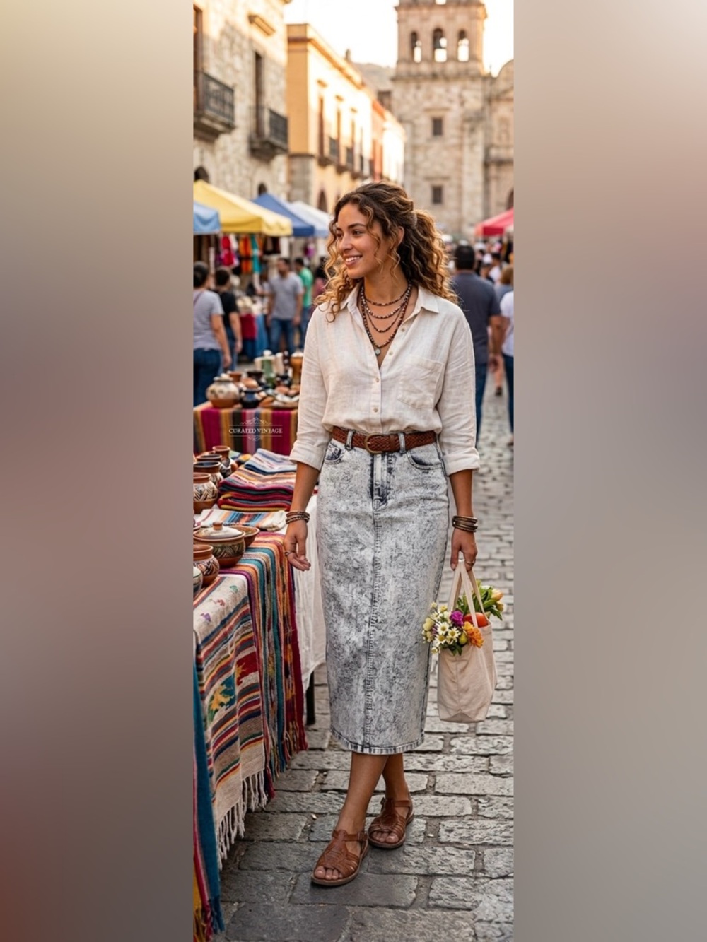 Light Grey High-Waist Acid Wash Denim Midi Skirt
